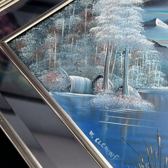 Rare "Winter Scene Lake Cabin" Original Painted on Mirror-Clemons-Pastels - Picture 12 of 16
